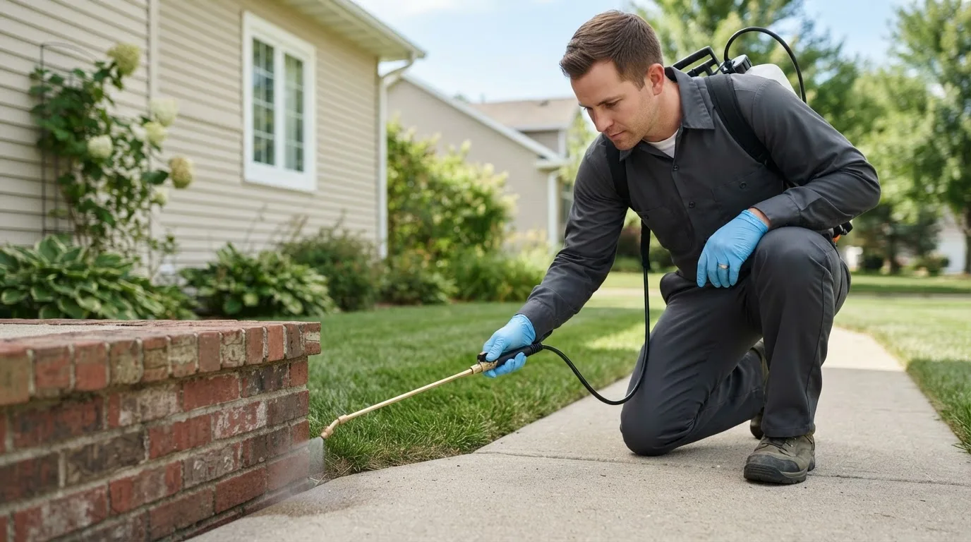 Pest control technician treating a home near Fayetteville, OH