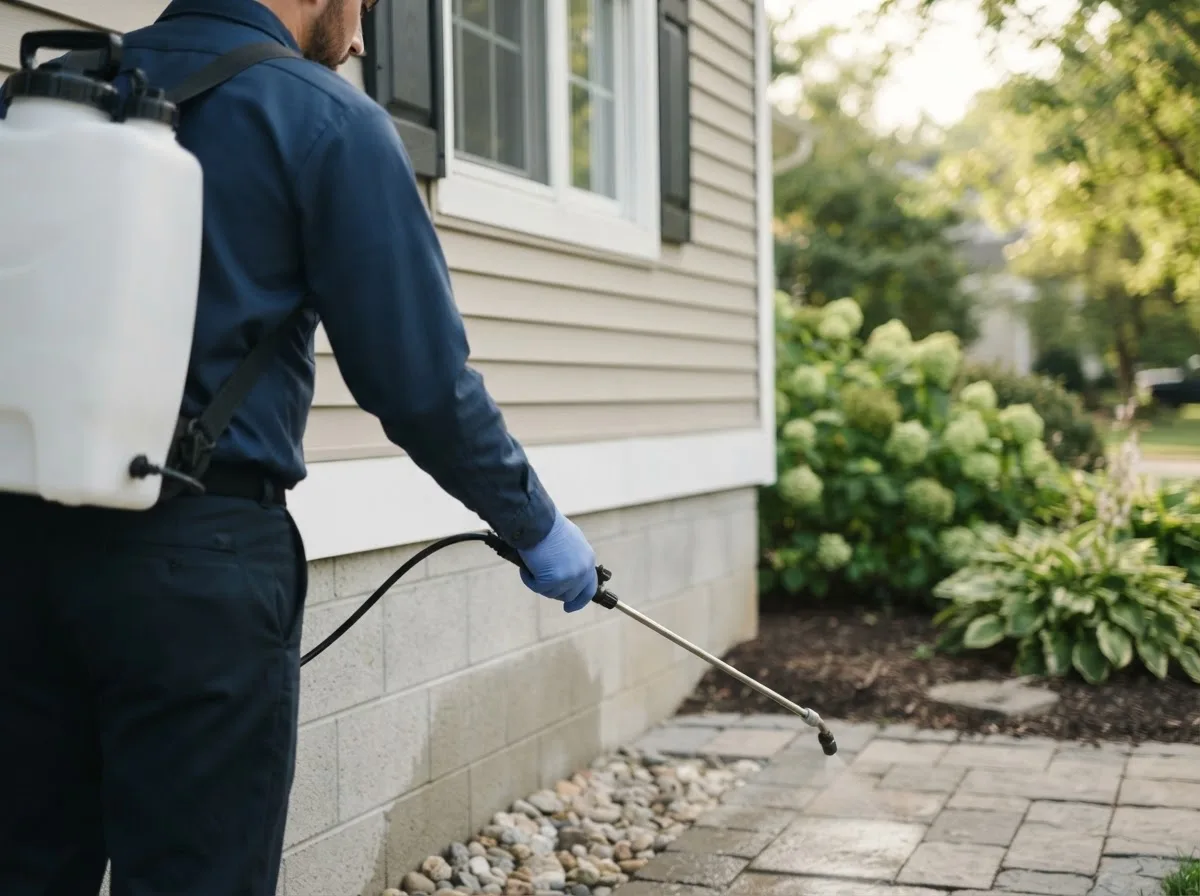 Pest control technician inspecting a home in Fayetteville, OH